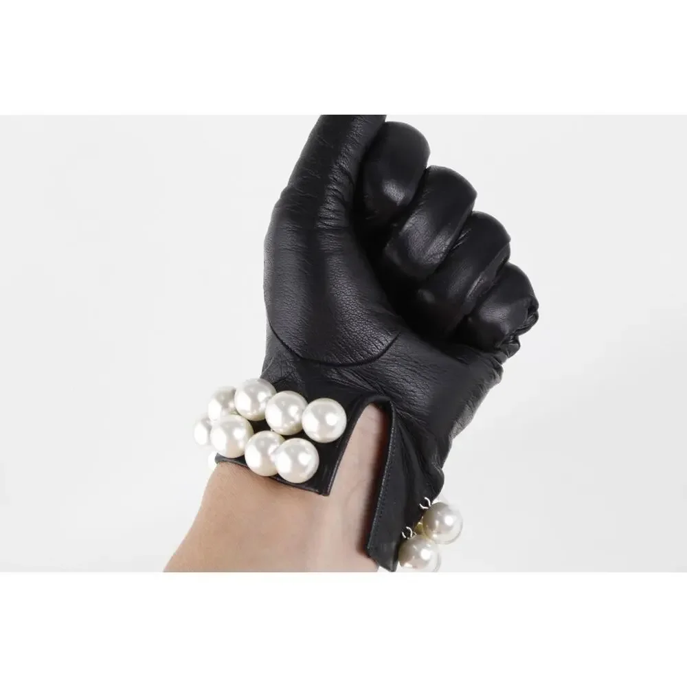 Tally B. Vintage Black Leather Triple Pearl Bead Fringe Gloves Silk Lined Size 8